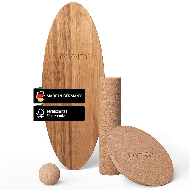 Tabla de roble FAVVITY con rodillo de corcho, media cúpula y bola, rotulada Made in Germany y roble con certificación FSC