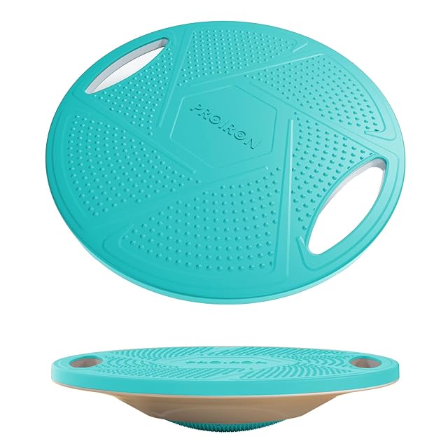 Tabla de equilibrio PROIRON turquesa con dos asas recortadas y cara superior con tacos, mostrada también de perfil debajo