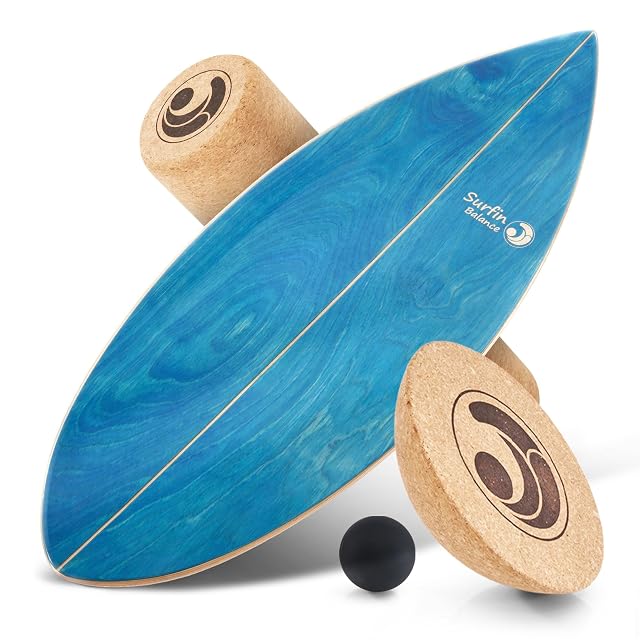 Tabla de equilibrio de madera Surfin Balance en azul aguamarina con rodillo, media cúpula y bola
