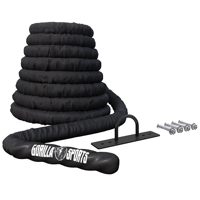 Cuerda ondulatoria GORILLA SPORTS con soporte de fijación a pared y asas enfundadas