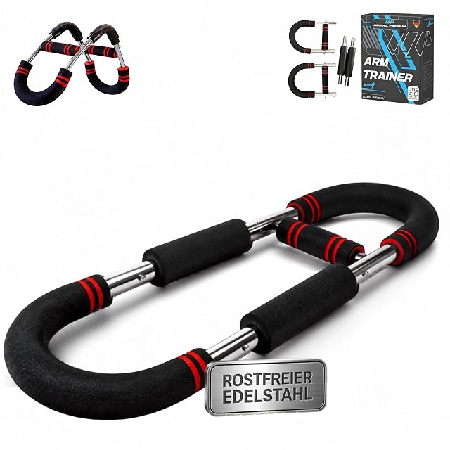 Torsionadora MUSQEL PREMIUM de dos barras de acero enganchadas en espuma negra con bandas rojas, con caja y placa de acero inoxidable