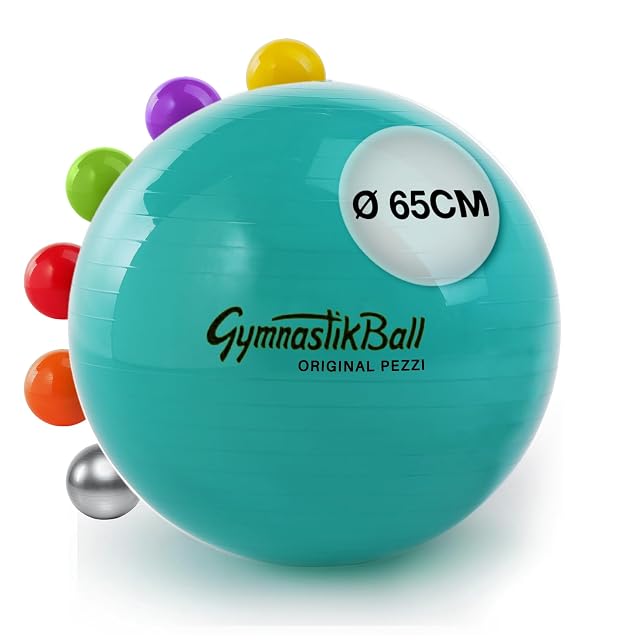 PEZZI GymnastikBall en verde turquesa marcada Ø 65CM, con un abanico de otros colores detrás