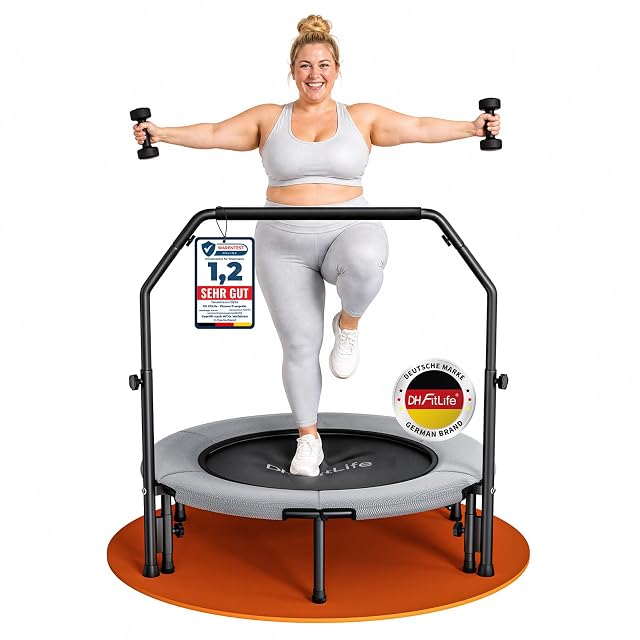 Trampolín DH FitLife gris con manillar en U que lleva una tarjeta Warentest Online 1,2