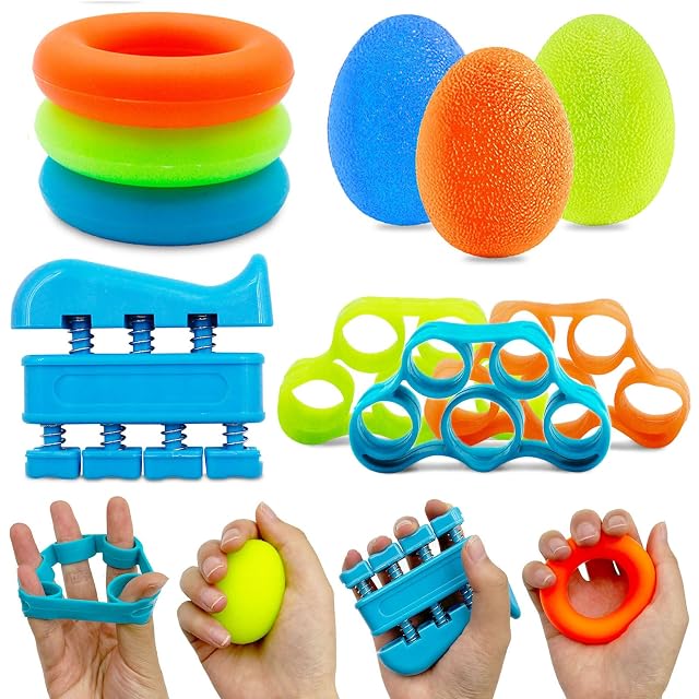 Juego de entrenamiento de mano Muvkeesa de diez piezas con bandas, pelotas ovoides y anillas de agarre