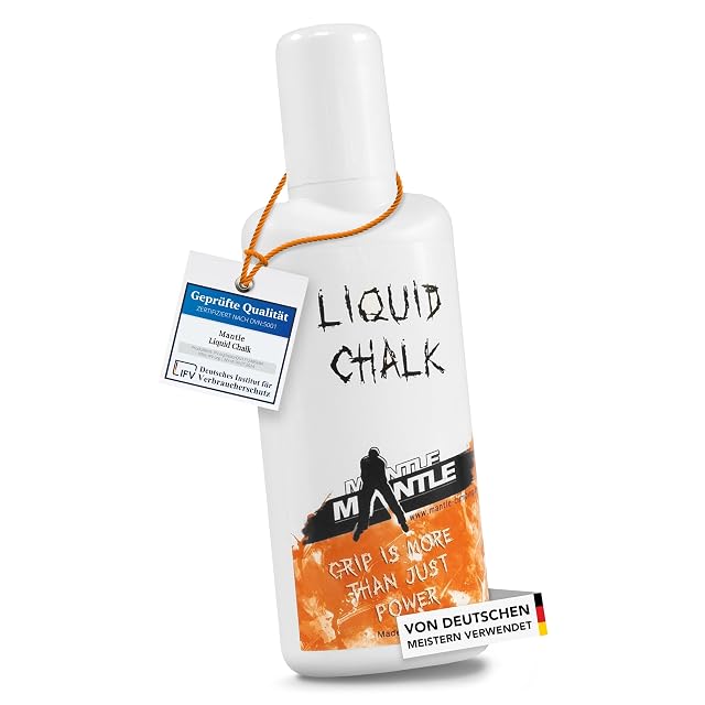 Bote Mantle blanco con un dibujo naranja de escalador y una etiqueta IfV de calidad certificada colgada del cuello con un cordón