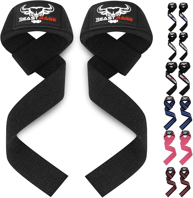 Par de correas de levantamiento BEAST RAGE de algodón negro acolchado con almohadillas de neopreno en la muñeca