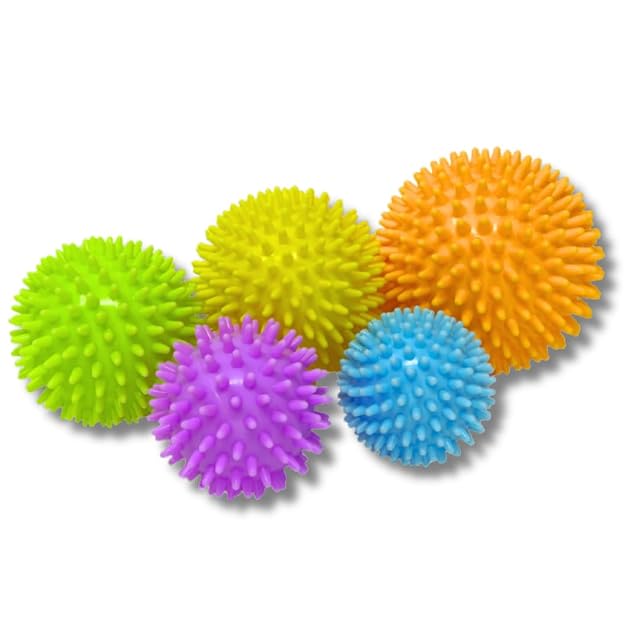 Juego Theralino de cinco pelotas de masaje de púas en tonos pastel y tamaños distintos