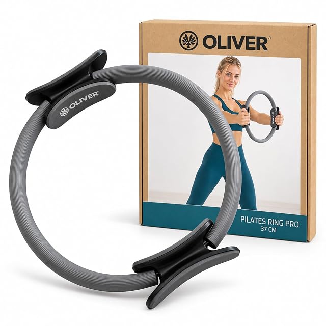 Aro de pilates Oliver en antracita junto a su caja de cartón con «Pilates Ring Pro 37 CM» impreso