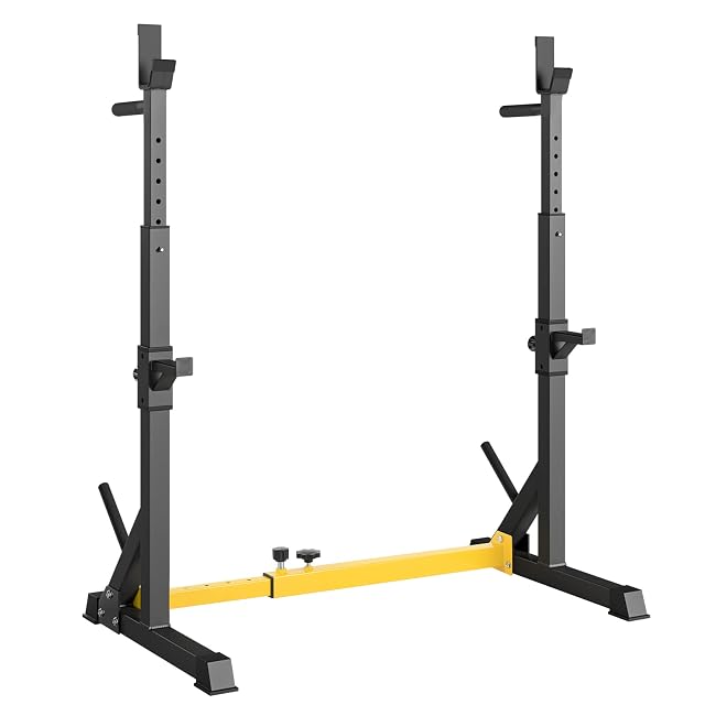 Soporte de sentadilla regulable LIFERUN amarillo y negro con apoyos de seguridad