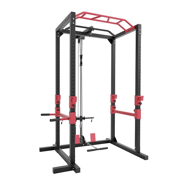 Power rack Ultrasport negro y rojo con barra de dominadas, soportes de fondos y extensión de jalón al pecho