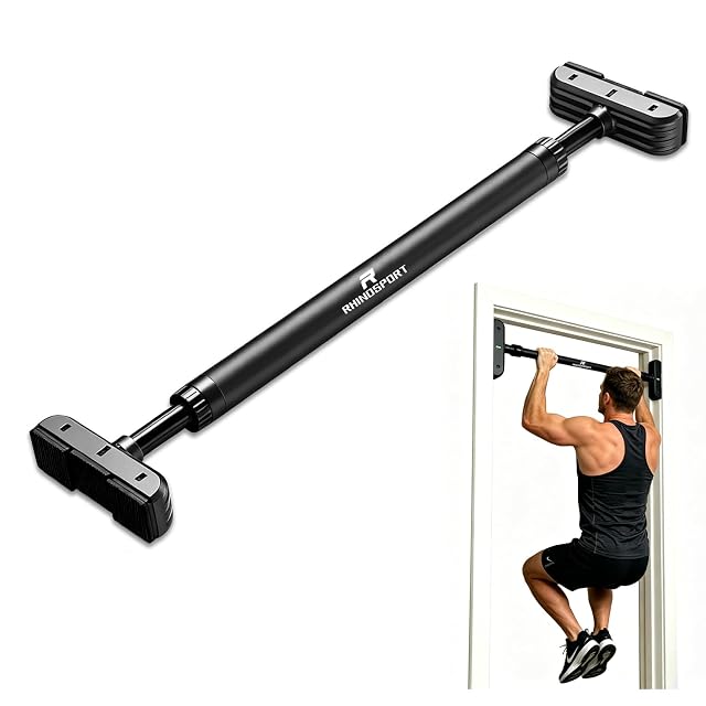 Barra de puerta RHINOSPORT P5 en negro mate, forrada de EVA de punta a punta, con almohadillas de pared anchas y estriadas