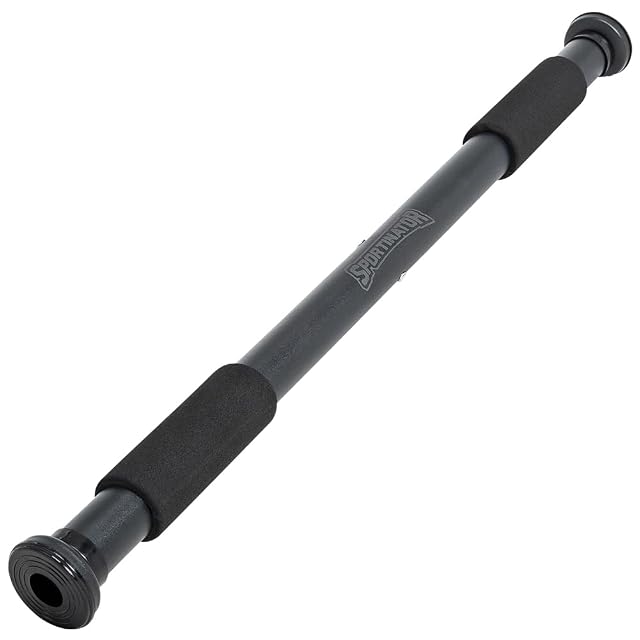 Barra telescópica de puerta SPORTINATOR gris con una funda de espuma negra hacia cada extremo y tapas estriadas