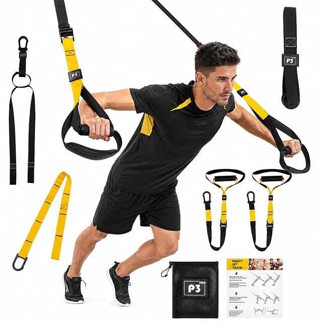 Conjunto de entrenamiento en suspensión negro y amarillo marcado P3, con anclaje de puerta, empuñaduras de tubo, tarjeta guía y bolsa de malla