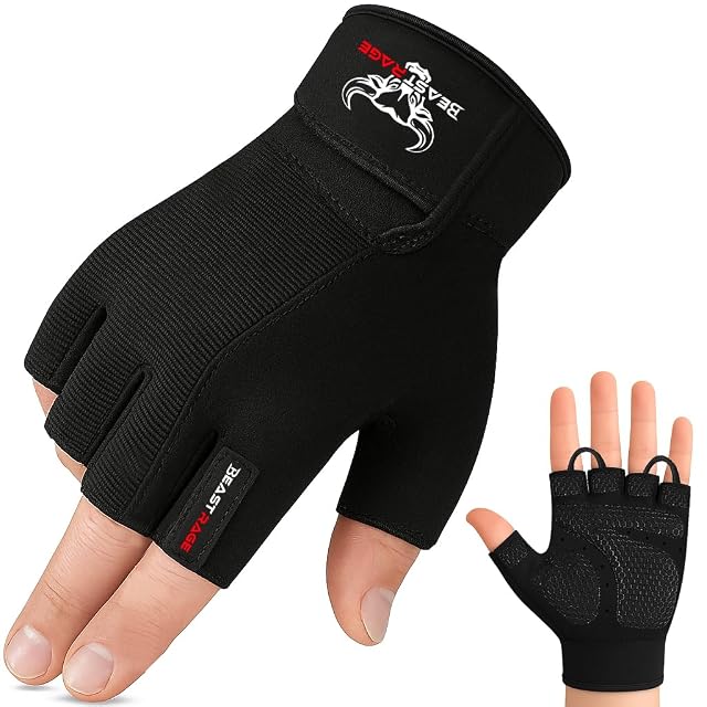 Guantes de entrenamiento BEAST RAGE negros de dedo cortado con palma de silicona texturada