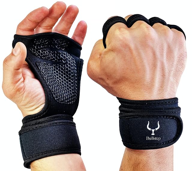 Guantes de gimnasio Bullstep negros de dedo abierto con muñequera integrada