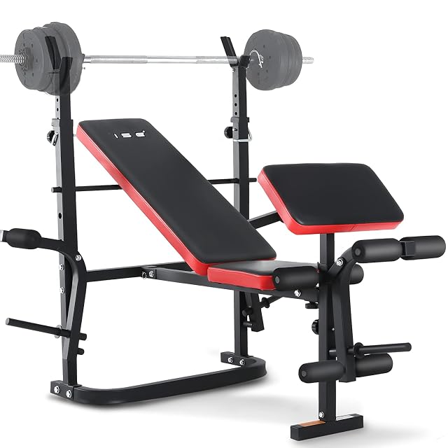 Banco de musculación multifunción ISE SY-5430B rojo y negro con brazos mariposa y curl de piernas
