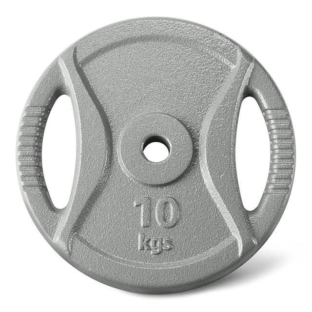 Disco de hierro fundido Amazon Basics gris marcado «10 kgs», con dos agujeros de mano nervados a cada lado del orificio central