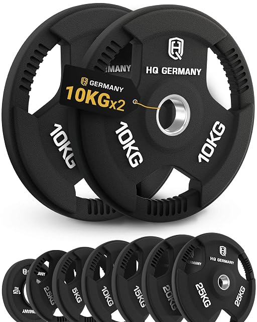 Par de discos tri-grip HQ Germany de 10 kg recubiertos de goma negra con tres agujeros de mano