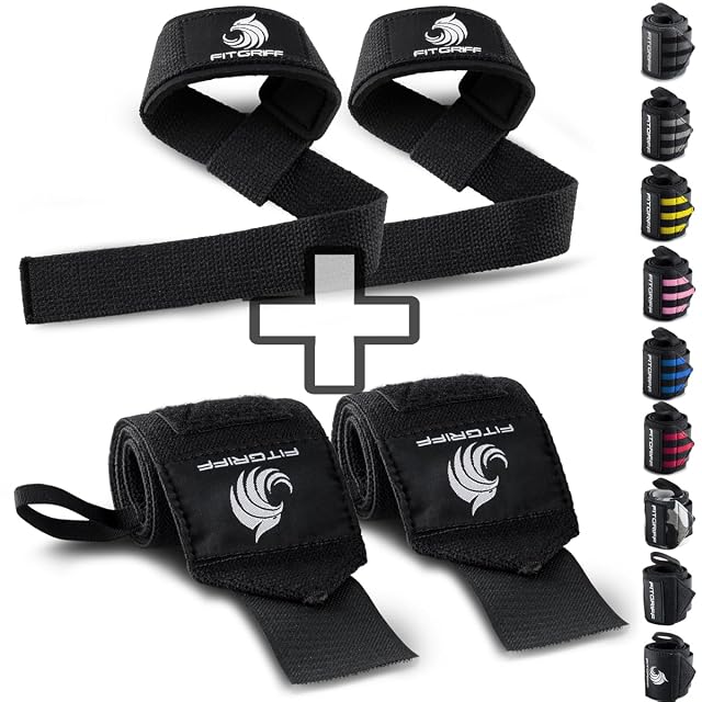 Juego Fitgriff de muñequeras negras y correas de levantamiento acolchadas con marcas I y D