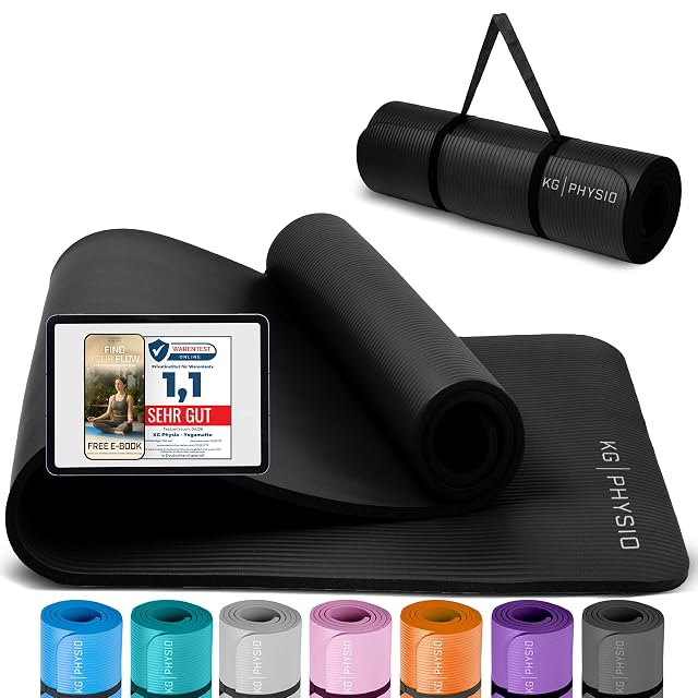 Esterilla KG PHYSIO negra con nervaduras medio enrollada, con una tarjeta de Warentest Online con un 1,1 encima y siete colores debajo